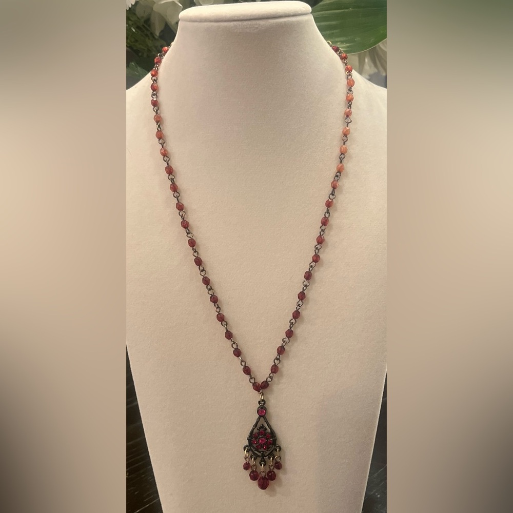 Vintage 1928 Red, Black &Silver Tone Beaded Necklace with Pendant.